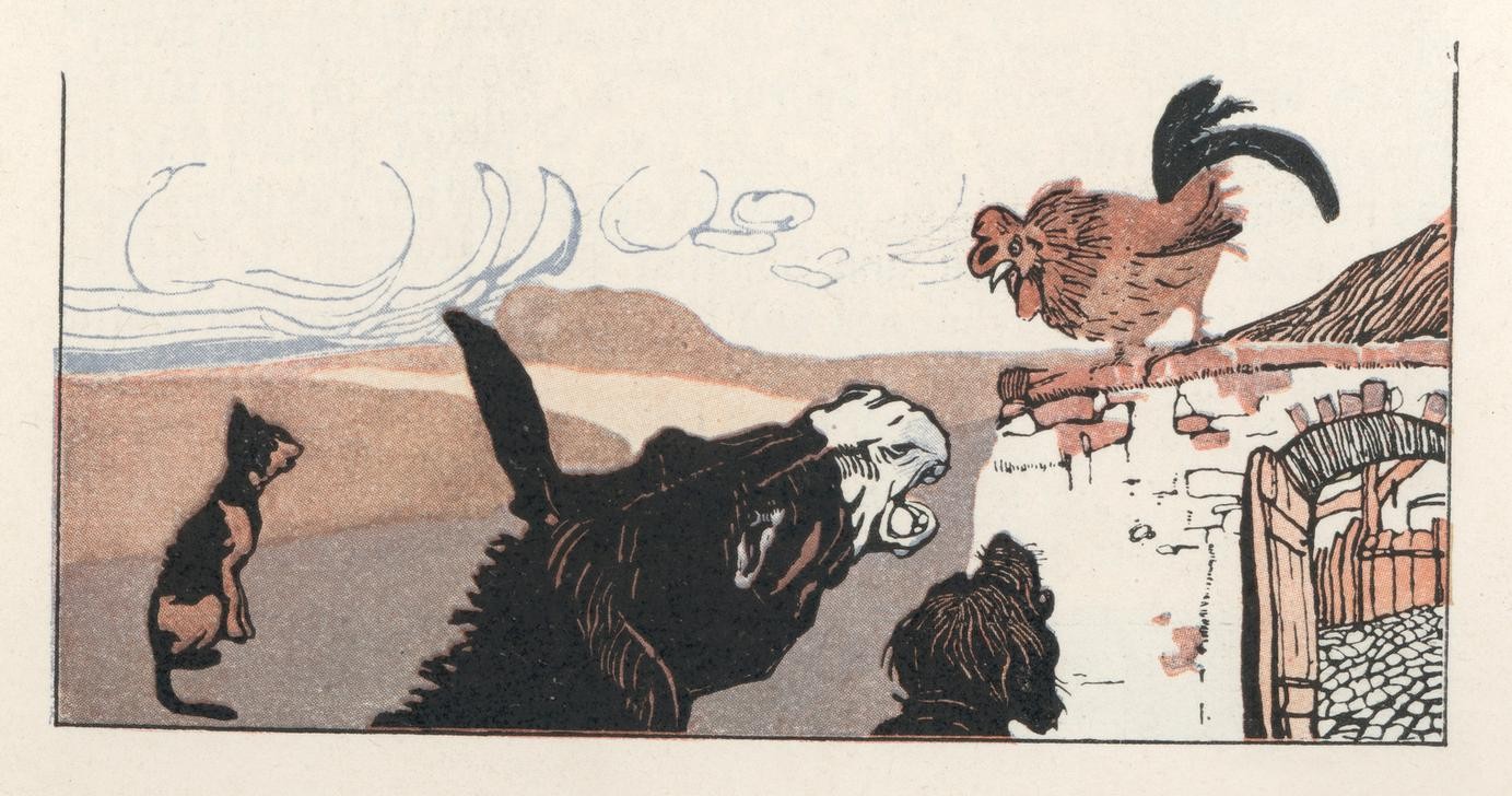 Carl Fahringer, Unbekannt (KATZE (TIER), KINDER- UND JUGENDBUCH, LITERATUR, MÄRCHEN, ZOOLOGIE, ALTER, HUND, ESEL, MORAL, ÖSTERREICHISCHE KUNST, TIER IN MENSCHENROLLE, GESELLSCHAFTSKRITIK, ILLUSTRATION, HAHN, TIER, BUCHILLUSTRATION, MUT (COURAGE), SOLIDARITÄT, SAMMLUNG AKG-IMAGES, G)
