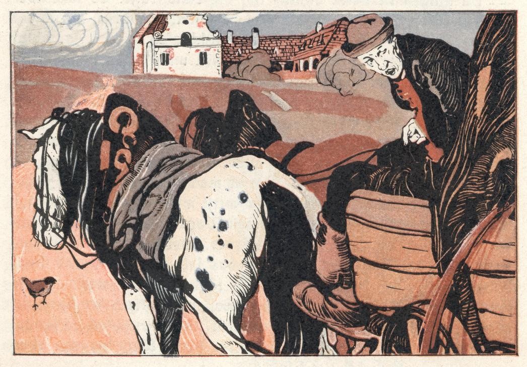 Carl Fahringer, Unbekannt (KINDER- UND JUGENDBUCH, LITERATUR, MÄRCHEN, PFERD (TIER), FUHRMANN, MORAL, ÖSTERREICHISCHE KUNST, SPERLING (VOGEL), ILLUSTRATION, ZUGTIER, BUCHILLUSTRATION, PFERDEGESPANN, SAMMLUNG AKG-IMAGES, GERLACH & WIEDLING, PERSON, SYMBOLIK)