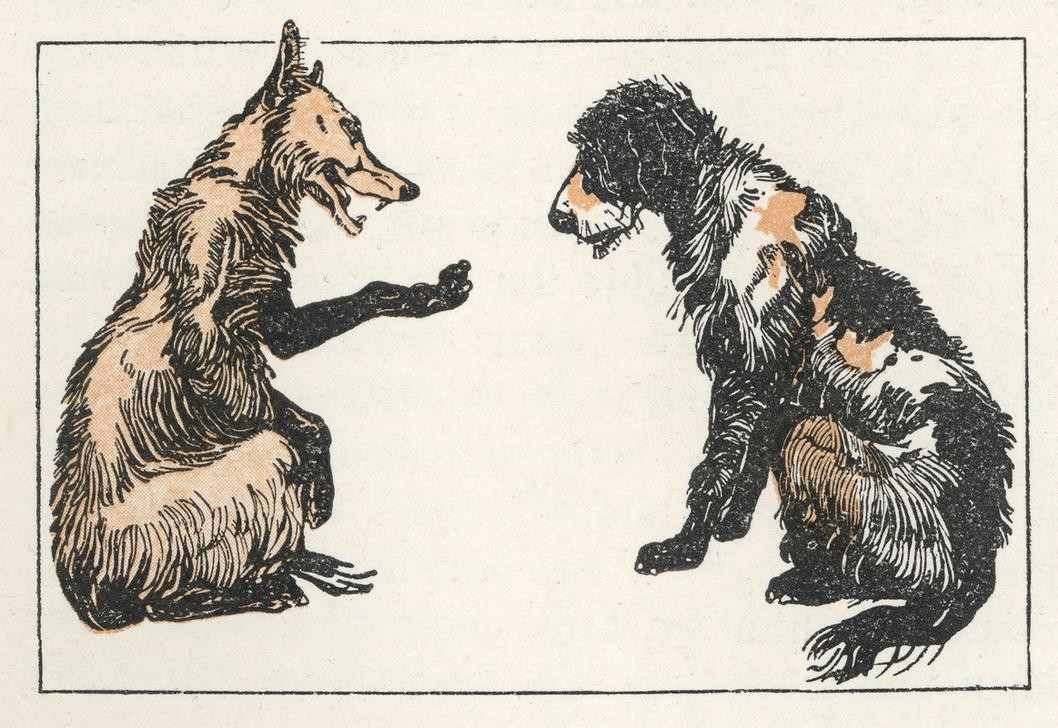 Carl Fahringer, Unbekannt (FREUNDSCHAFT (ALLGEMEIN), KINDER- UND JUGENDBUCH, LITERATUR, MÄRCHEN, WOLF, HUND, MORAL, ÖSTERREICHISCHE KUNST, TIER IN MENSCHENROLLE, ILLUSTRATION, BUCHILLUSTRATION, SAMMLUNG AKG-IMAGES, GERLACH & WIEDLING, PERSON, SYMBOLIK)