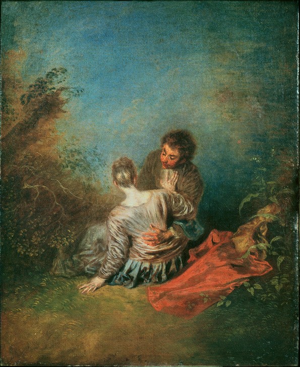 Jean-Antoine Watteau, Le faux pas (Landschaft,Paar, Menschen, Zudringlich, Verführung, Abwehr, Rokoko, Wohnzimmer,   Klassiker,  Wunschgröße)