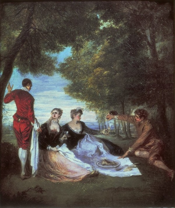 Jean-Antoine Watteau, La collation (Ausflug, Picknick, Liebespaare, Freizeit, Landpartie, Imbiss, Mode, Landschaft, Rokoko, Wohnzimmer, Schlafzimmer, Klassiker,  Wunschgröße)