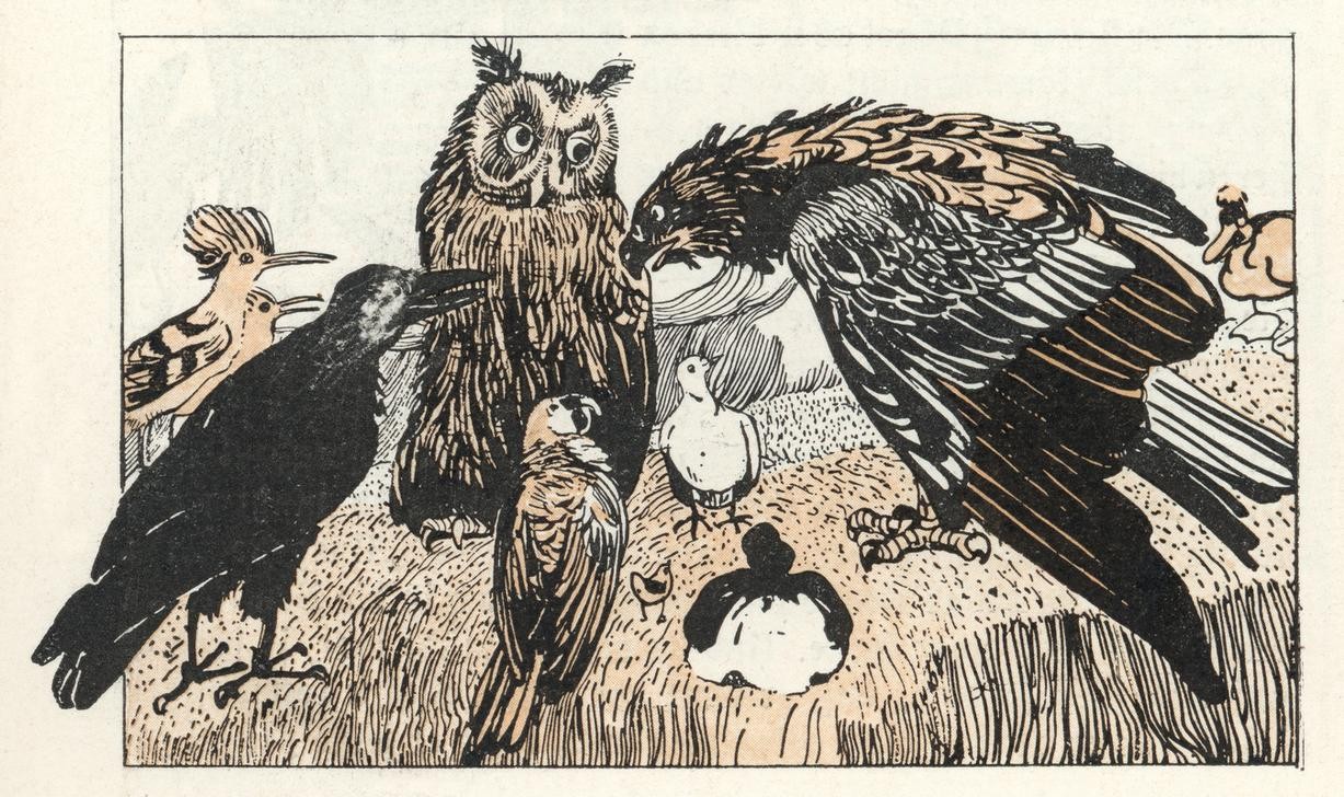 Carl Fahringer, Unbekannt (ADLER, EULE, KINDER- UND JUGENDBUCH, LITERATUR, MÄRCHEN, VOGEL, KRÄHE, MORAL, ÖSTERREICHISCHE KUNST, TIER IN MENSCHENROLLE, ILLUSTRATION, KOMMUNIKATION, BUCHILLUSTRATION, SAMMLUNG AKG-IMAGES, GERLACH & WIEDLING, PERSON, VERSAMMLUNG, BESPRECHUNG, SYMBOLIK)