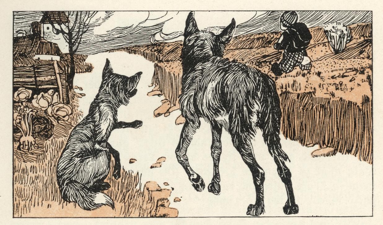Carl Fahringer, Unbekannt (FUCHS, KINDER- UND JUGENDBUCH, LITERATUR, MÄRCHEN, MENSCH, WOLF, MORAL, FELD, ÖSTERREICHISCHE KUNST, ILLUSTRATION, TIER, BUCHILLUSTRATION, SAMMLUNG AKG-IMAGES, GERLACH & WIEDLING, PERSON, SYMBOLIK)
