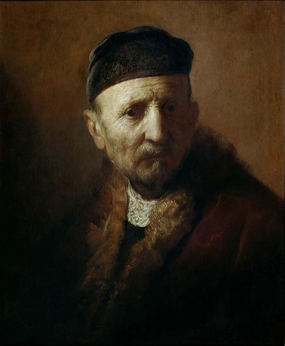 Rembrandt Harmenszoon van Rijn, Alter mit Kappe (Kopfbedeckung,Kunst,Mann,Mensch,Alter,Barock,Portrait,Niederländische Kunst,Holländische Kunst,Kappe (Kopfbedeckung),Kopf,Alter Mann,Mimik,Altershaut,Falten (Physiognomie))