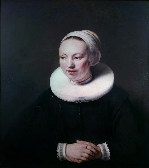 Rembrandt Harmenszoon van Rijn, Bildnis der Ariaentje Hollaer (Frau,Kunst,Mensch,Barock,Portrait,Bürgertum,Rembrandtschule,Haube,Halskrause,Niederländische Kunst,Holländische Kunst,Halbfigur,Radkragen)