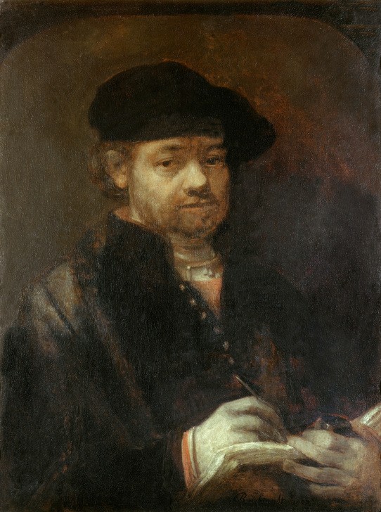 Rembrandt Harmenszoon van Rijn, Selbstbildnis mit dem Zeichenbuche (Künstler,Maler (Künstler),Mann,Barock,Selbstbildnis,Portrait,Zeichnen,Niederländische Kunst,Person)