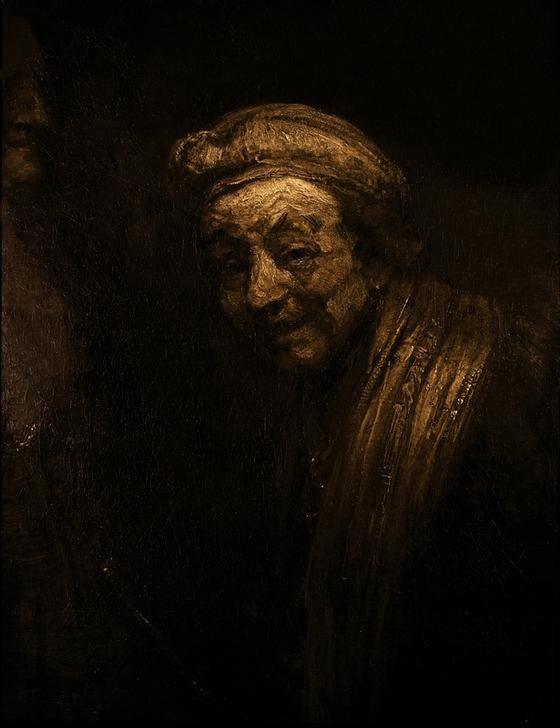 Rembrandt Harmenszoon van Rijn, Selbstbildnis (Künstler,Maler (Künstler),Mann,Alter,Barock,Selbstbildnis,Lachen,Portrait,Helldunkel,Niederländische Kunst,Alter Mann,Person)