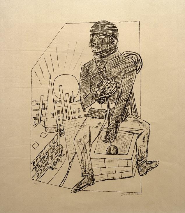 Max Beckmann, untitled (Schornsteinfeger, Dach, Kamin,  Zeichnung, Expressionismus, Klassische Moderne, Wunschgröße, Wohnzimmer, Treppenhaus, schwarz/weiß)