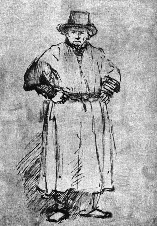 Rembrandt Harmenszoon van Rijn, Selbstbildnis im Malermantel (Künstler,Maler (Künstler),Mantel,Mann,Barock,Selbstbildnis,Portrait,Niederländische Kunst,Ganzfigurig,Schutzkleidung,Malerkittel,Person)
