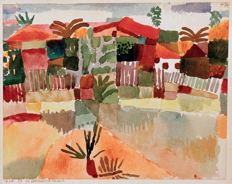 Paul Klee, St. Germain b. Tunis (Deutsche Kunst,Dorf,Kunst,Landschaft,Expressionismus,Der Blaue Reiter,Architekturdarstellung,Schweizerische Kunst,Die Tunisreise, Klassische Moderne, Wunschgröße, Wohnzimmer, Treppenhaus)