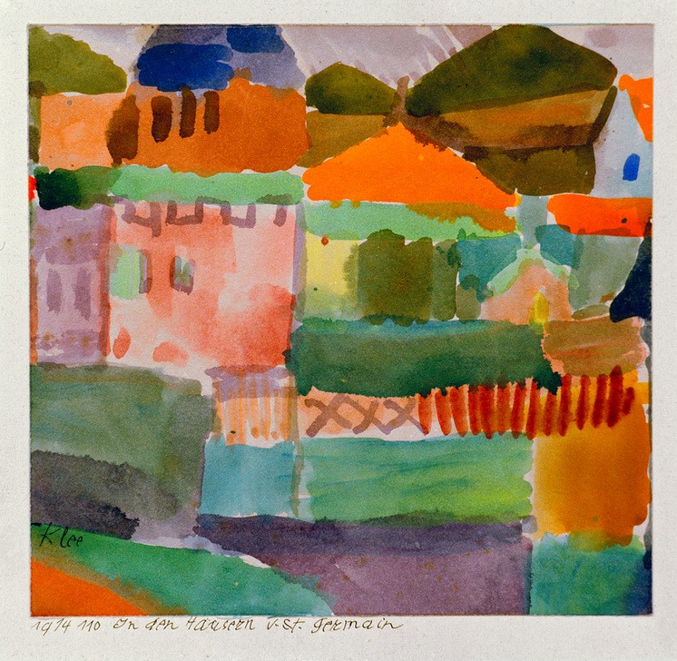 Paul Klee, In den Häusern v. St. Germain (Architektur,Deutsche Kunst,Dorf,Kunst,Der Blaue Reiter,Architekturdarstellung,Schweizerische Kunst,Die Tunisreise, Klassische Moderne, Wunschgröße, Wohnzimmer, Treppenhaus)