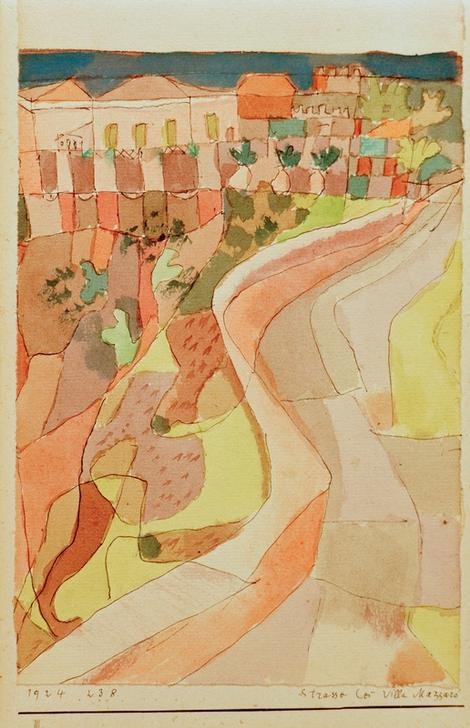 Paul Klee, Straße bei Villa Mazzaro (Bauhaus,Landstrasse,Landschaft,Strasse (Allgemein),Kleinstadt,Schweizerische Kunst, Klassische Moderne, Wunschgröße, Wohnzimmer, Treppenhaus)