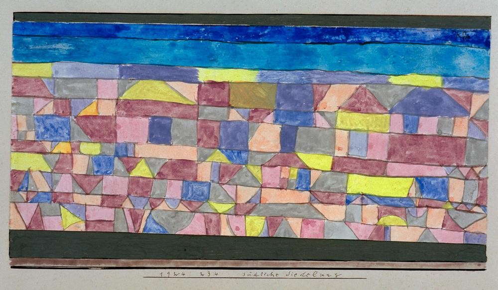 Paul Klee, Südliche Siedelung (Architektur,Bauhaus,Dorf, Architekturdarstellung, Schweizerische Kunst,Süden, Klassische Moderne, Wunschgröße, Wohnzimmer, Treppenhaus)