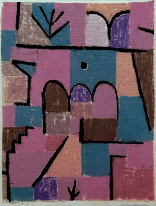 Paul Klee, Garten im Orient (Architektur,Bauhaus,Treppe,Orientalismus,Arkade,Hausgarten,Architekturdarstellung,Schweizerische Kunst,Abstraktion,Garten, Klassische Moderne, Wunschgröße, Wohnzimmer, Treppenhaus)