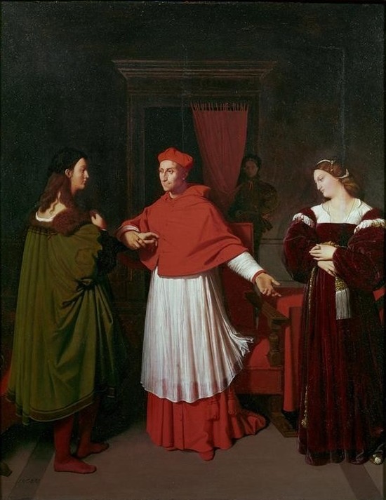JEAN-AUGUSTE-DOMINIQUE INGRES, Le Cardinal Bibbiena offrant sa nièce en mariage à Raphaël, ou Les fiançailles de Raphaëel (Architekt,Kardinal,Künstlerleben,Künstler,Kunst,Liebe Und Ehe,Maler (Künstler),Mann,Szene,Verlobung,Klassizismus,Künstlerfrau,Nichte,Französische Kunst,Nepotismus,Historienmalerei,Verlobte,Person)