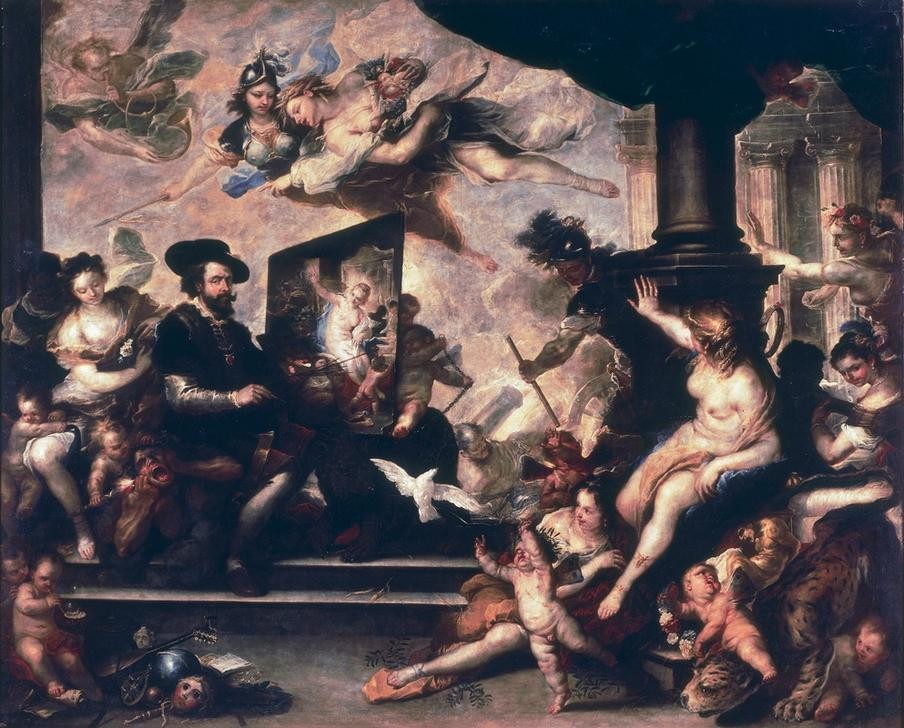 Luca Giordano, Rubens malt die Allegorie des Friedens (Künstler,Mann,Künstler Bei Der Arbeit,Allegorie,Bild Im Bild,Friede,Portrait,Italienische Kunst,Person)