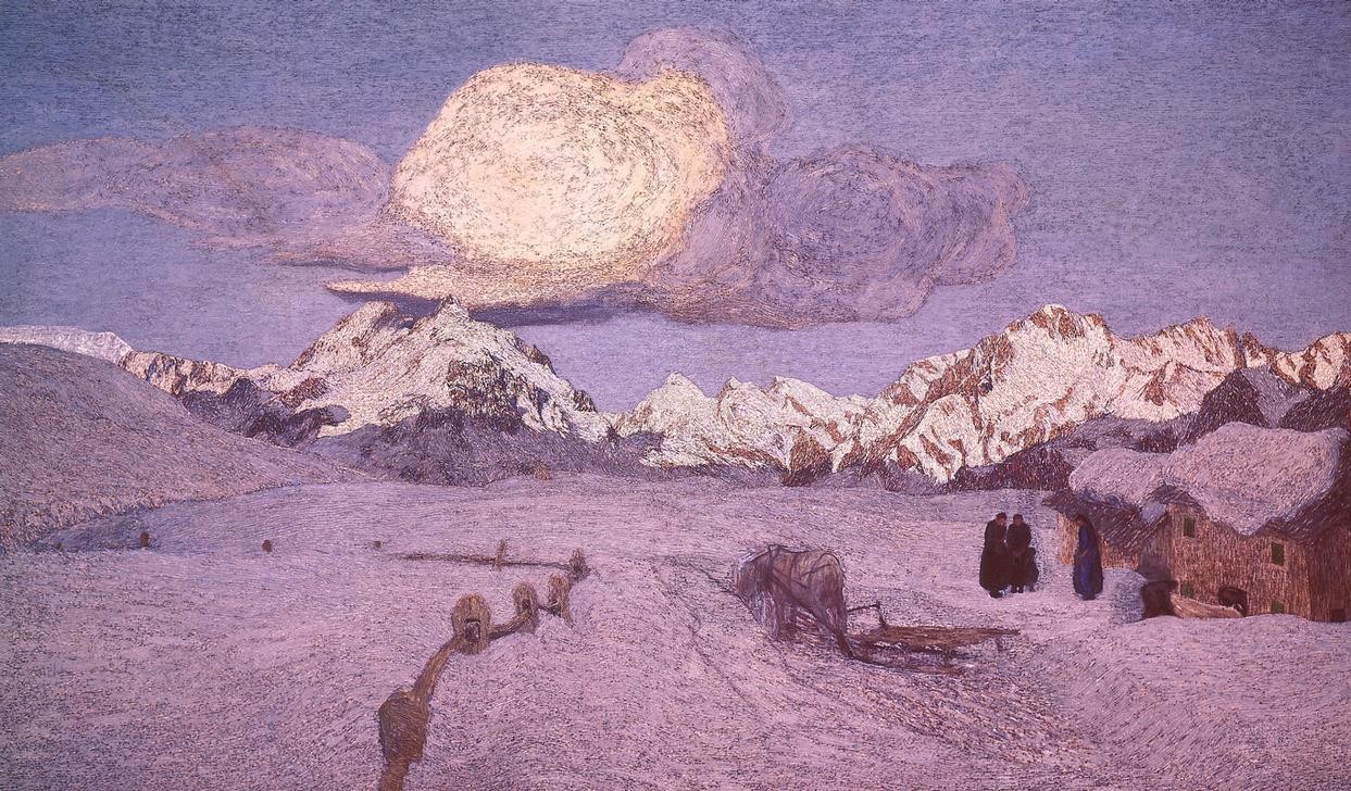 Giovanni Segantini, Tod (Alpen-Triptychon) (Winter, Schnee, Tod, Leichnam, Leichentransport, Kutsche, Trauer, Landschaft, Berge, Divisionismus, Malerei, klassische Moderne, Wunschgröße, Wohnzimmer)