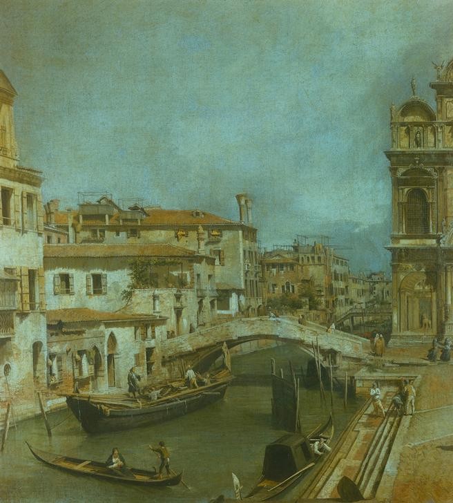 Giovanni Antonio Canaletto, Church of Saints John and Paul with the School of San Marco (Architektur, Palazzi, Kirche, San Giovanni e Paolo, San Zanipolo, Krankenhaus, Brücke, Wasserstraße, Gondeln,  Wunschgröße, Malerei, Venedig, Städte, Italien, Klassiker, Wohnzimmer, bunt)