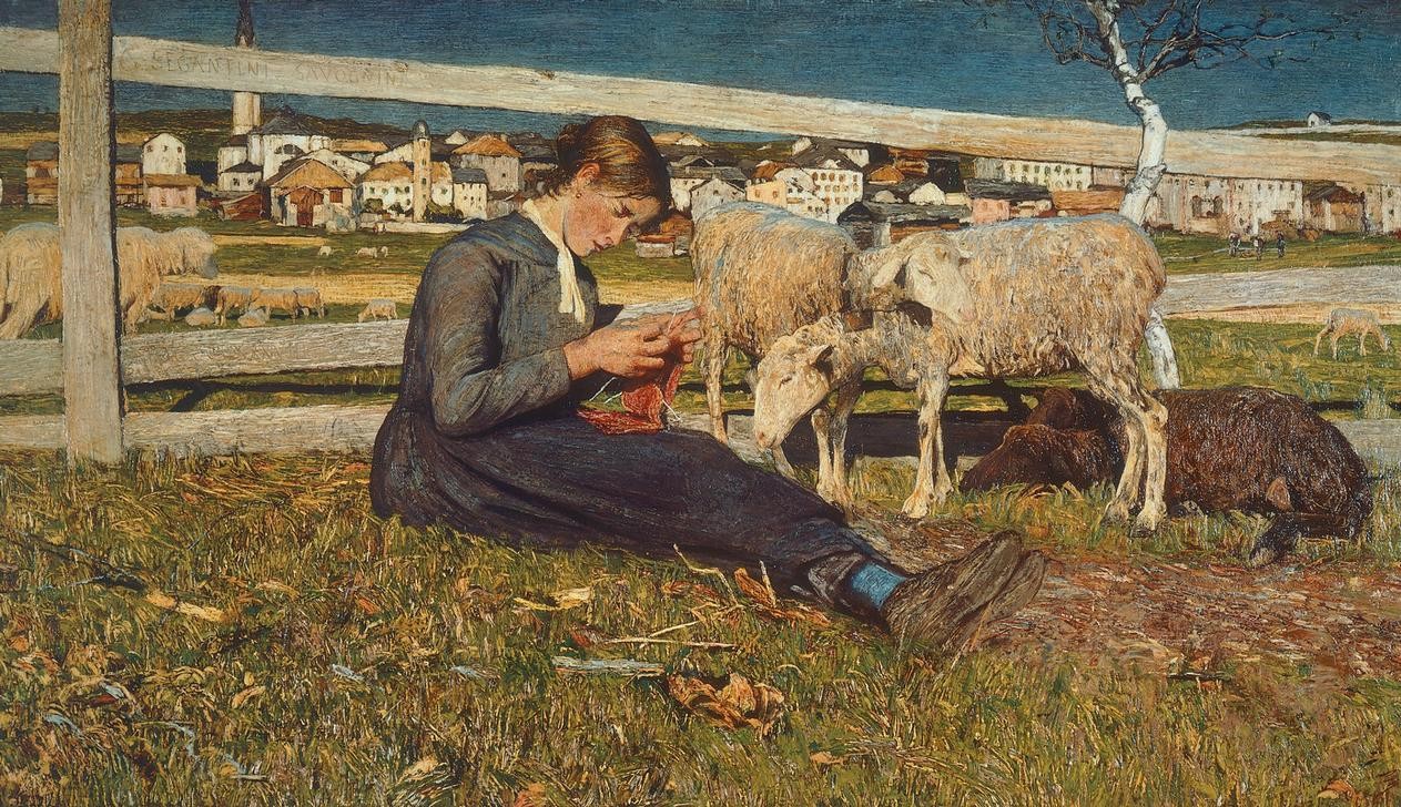 Giovanni Segantini, A girl making socks (Frau, Schäferin, Schafe, Sommer, Wiese, Stricken, Handarbeit, Dorf, Realismus, Malerei, klassische Moderne, Wunschgröße, Wohnzimmer)