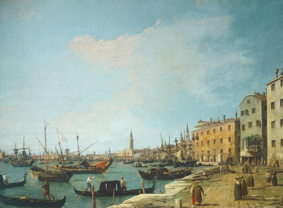 Giovanni Antonio Canaletto, Riva degli Schiavoni in the direction of San Marco, Venice (Lagune, Gondeln, Boote, Spaziergänger, Wunschgröße, Malerei, Venedig, Städte, Italien, Klassiker, Wohnzimmer, bunt)