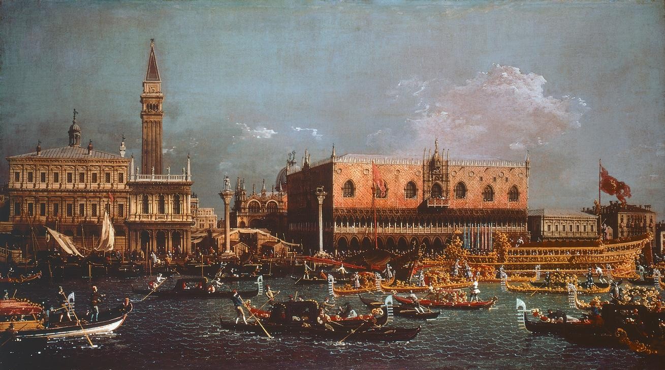 Giovanni Antonio Canaletto, Bucintoro at the Molo on Ascension Day (Städte, Venedig, Vedute, Architektur, Campanile, Lagune, Gondeln, Dogenpalast, Goldene Barke, Staatsschiff, Bucintoro, Doge, Barock, Klassiker, Wunschgröße, Wohnzimmer)