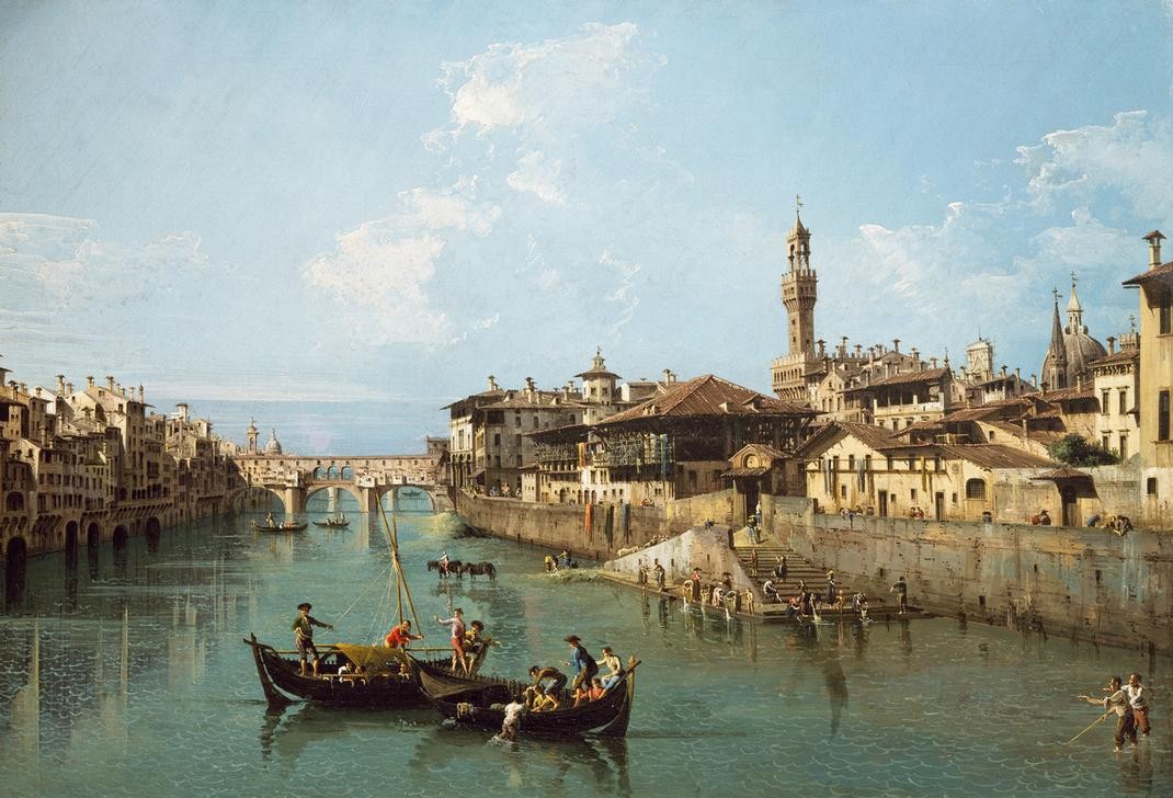 Bernardo Bellotto, The Arno River and the Ponte Vecchio in Florence (Städte, Florenz, Italien, Fluss, Arno, Boote, Brücke, Vedute, Wäscherinnen, Alltag, mittelalterliche Stadt, Palast, Palazzo della Signoria, historisch, Malerei, Wohnzimmer, Wunschgröße, Klassiker, bunt)
