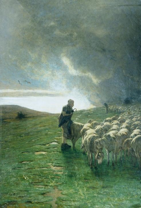 Giovanni Segantini, After the Storm (Schäferin, Schafe, Herde, Hüten, Bergwiese, Landschaft, Gewitterwolken, Malerei, klassische Moderne, Wunschgröße, Wohnzimmer, Postimpressionismus)