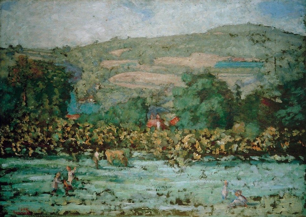 Pierre Bonnard, Paysage et enfants (Landschaft, Wiese, Kinder, Spielen, Kinderspiel, Hügel,  Post-Impressionismus,  Wohnzimmer, Wunschgröße, Klassische Moderne,)