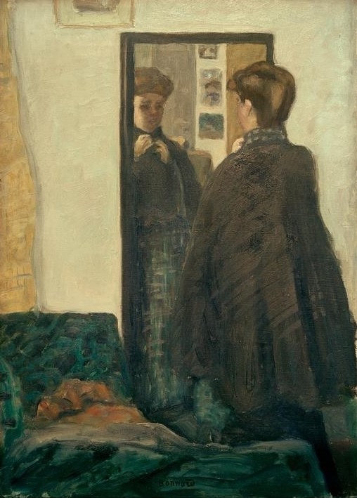 Pierre Bonnard, Frau vor dem Spiegel (Zimmer, Interieur, Spiegel, Spiegelbild, Frau, Ankleiden, Mantel,  Post-Impressionismus,  Wohnzimmer, Wunschgröße, Klassische Moderne,)