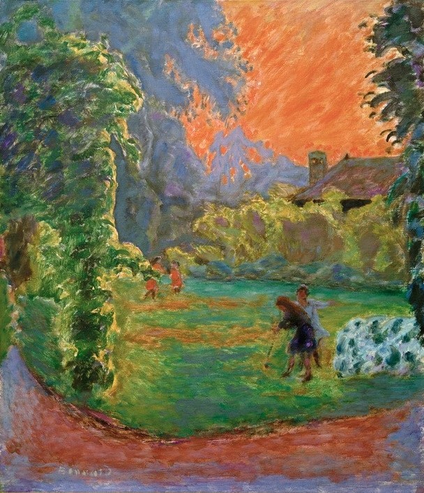 Pierre Bonnard, Le soleil couchant (Abendszene, Sonnenuntergang, Rechen, Gartenarbeit, Garten,  Landschaft,  Post-Impressionismus,  Wohnzimmer, Wunschgröße, Klassische Moderne,)