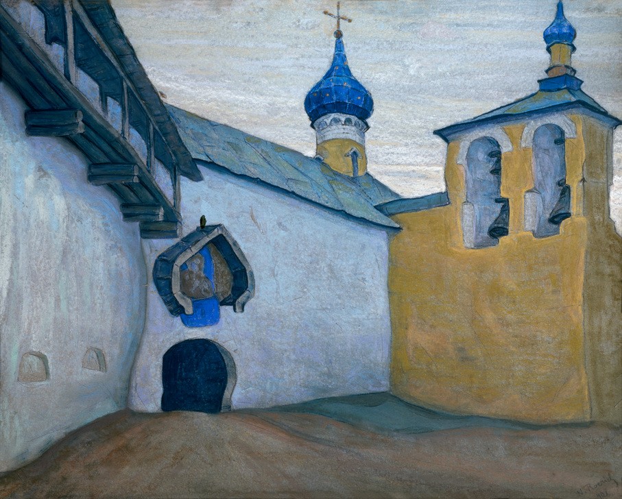 Nikolai Konstantinowitsch Roerich, Petschory, Kloster (Geographie,Kloster,Kunst,Russisch-Orthodoxe Kirche,Russische Kunst,Architekturdarstellung,Ansicht,Aussenansicht,Topographie,Privatsammlung)