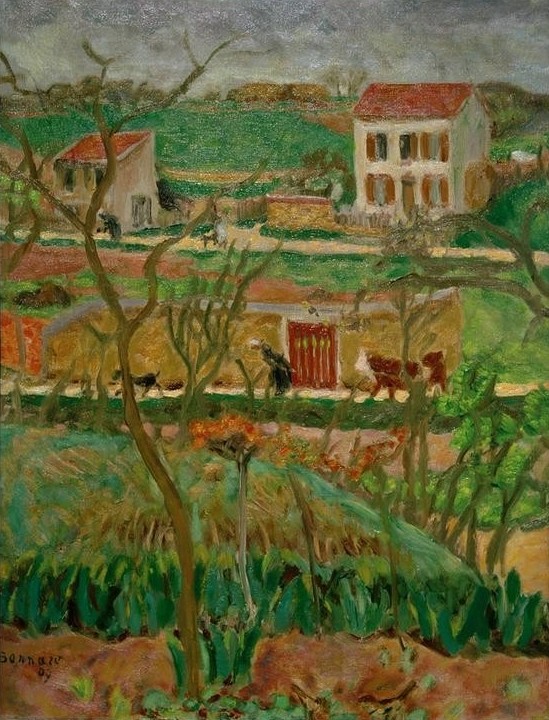 Pierre Bonnard, Paysage pluvieux (Vernouillet) (Landschaft,Gärten, Häuser, Regen, Wolken,  Wetter, Post-Impressionismus, Wohnzimmer, Wunschgröße, Klassische Moderne,)
