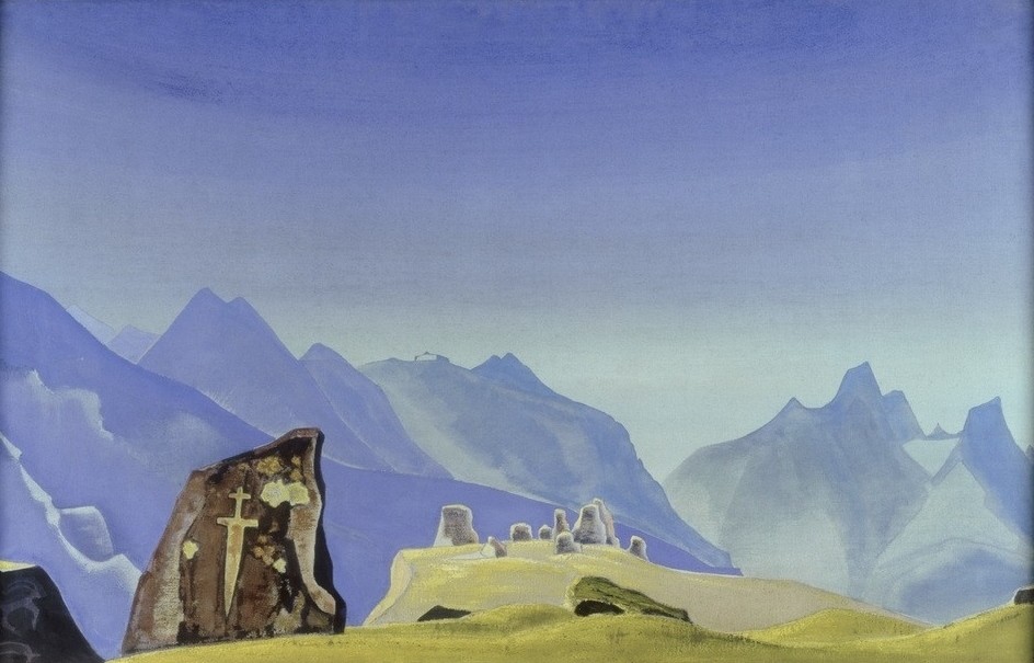 Nikolai Konstantinowitsch Roerich, Das Schwert des Gessar Khan (Gebirge,Kunst,Landschaft,Schwert,Russische Kunst,Berg,Felsgravuren)
