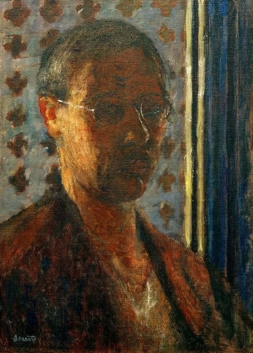 Pierre Bonnard, Autoportrait à contre-jour, papier à fleurs (Portrait, Selbstportrait, Selbstbildnis, Künstler,  Bonnard, Brille, Post-Impressionismus, Wohnzimmer, Wunschgröße, Klassische Moderne,)