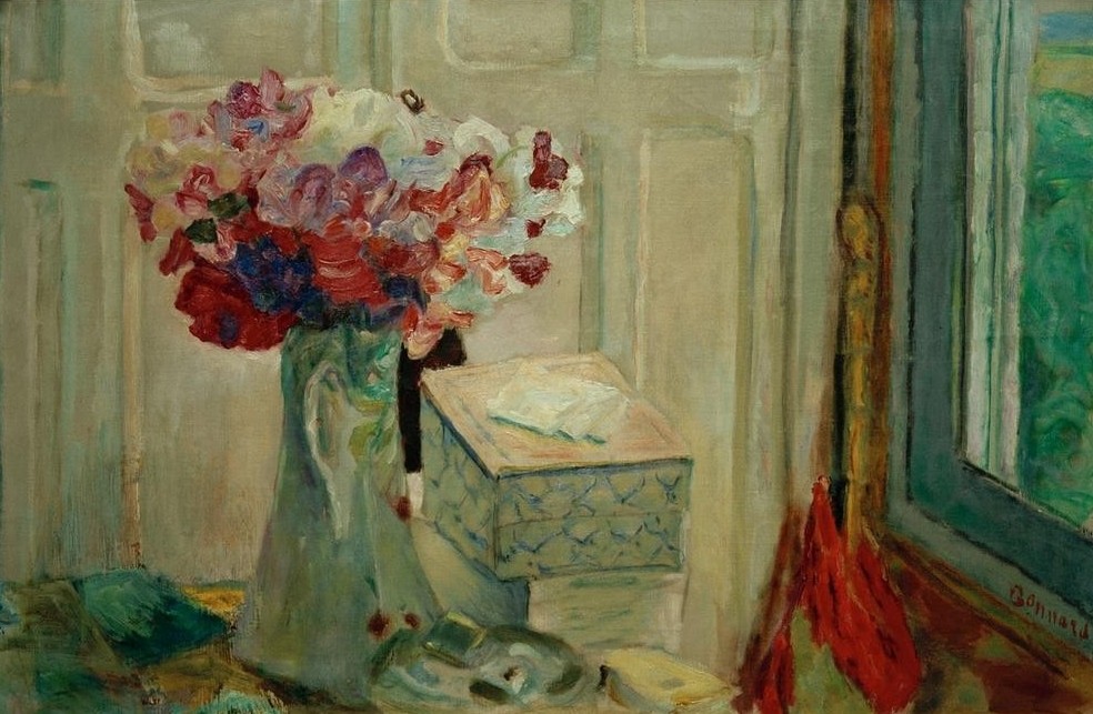 Pierre Bonnard, Le pois de senteur (Stillleben, Blumen, Strauß, Wicken, Sommerblumen, Blüten, Krug, chachteln,  Post-Impressionismus, Wohnzimmer, Wunschgröße, Klassische Moderne,)