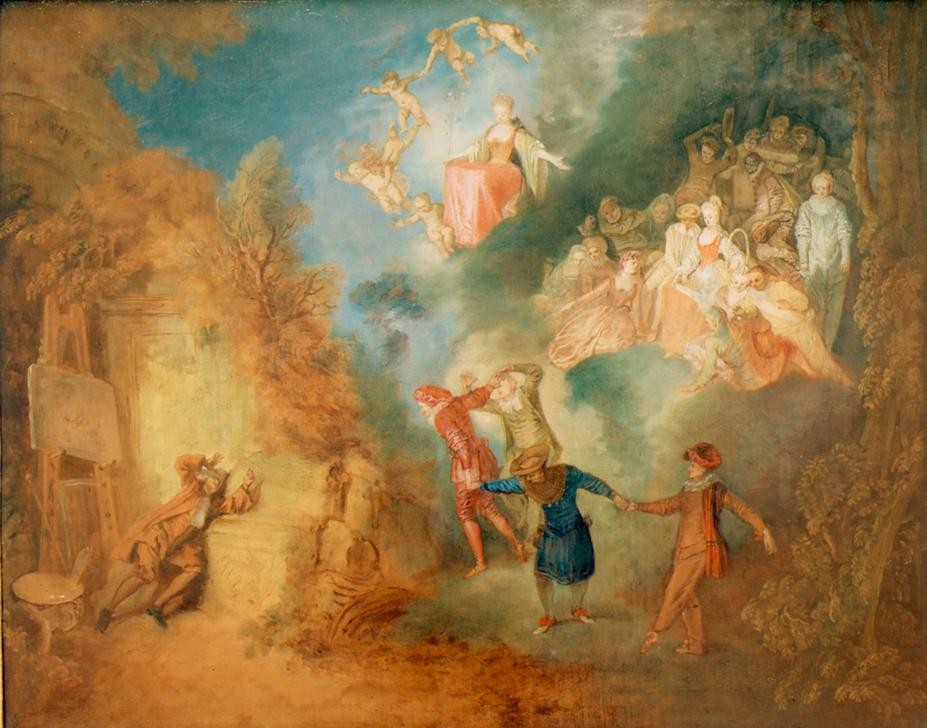 Jean-Antoine Watteau, Der Traum des Künstlers (Künstler, Traum, Selbstbildnis, Visionen, Tanzende, Mode, Rokoko, Wohnzimmer,   Klassiker,  Wunschgröße)