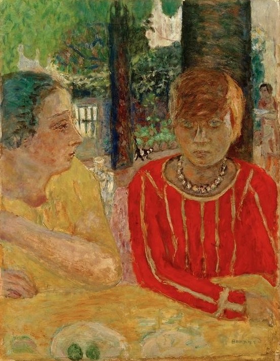 Pierre Bonnard, Reine Natanson et Marthe Bonnard au corsage rouge (Ehefrau,Besuch,Frau,Korsage,Portrait,Künstlerfrau,Französische Kunst,Im Freien (Allgemein),Menschen Im Garten,Profil,Nabis,Doppelportrait,Rot,Person,Freundin,Garten)