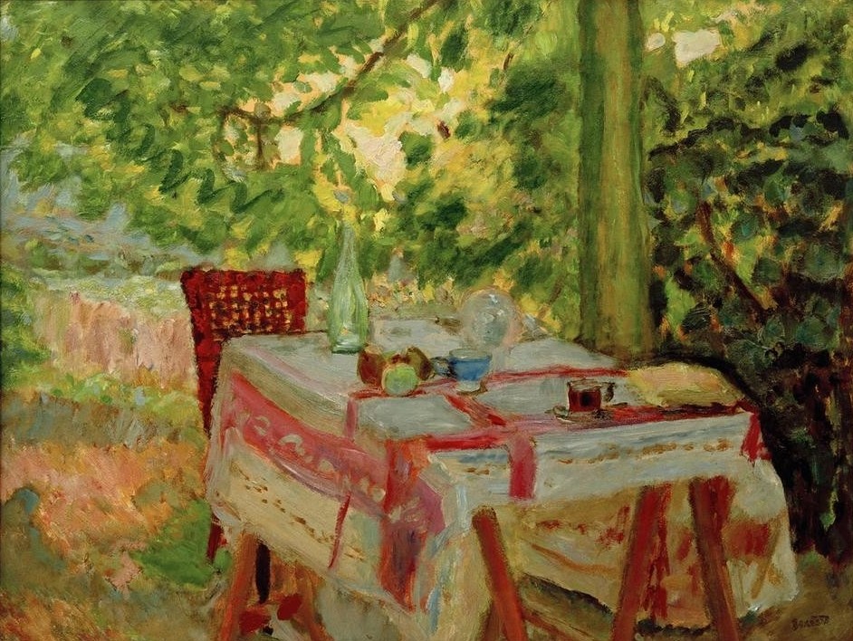 Pierre Bonnard, La Table servie sous le tilleul (Garten Und Park,Kunst,Linde,Impressionismus,Tisch,Gartenmöbel,Baum,Französische Kunst,Im Freien (Allgemein),Nabis,Gedeckter Tisch,Essen Im Freien)