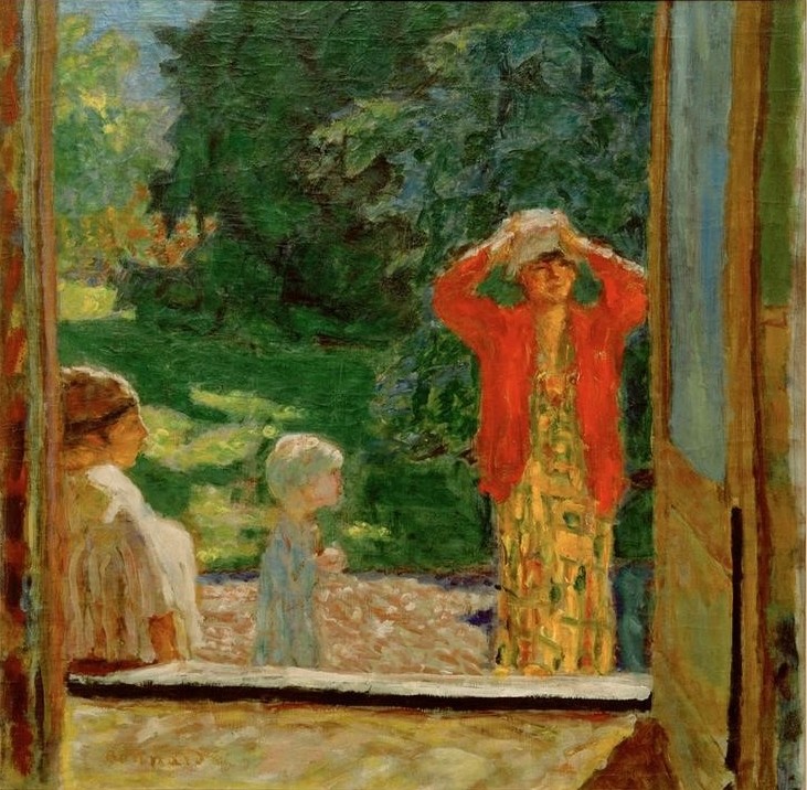 Pierre Bonnard, Devant la fenêtre (Fenster,Garten Und Park,Kunst,Menschen Im Park,Impressionismus,Hausgarten,Blick Aus Dem Fenster,Französische Kunst,Menschen Im Garten,Nabis,Postimpressionismus,Garten)