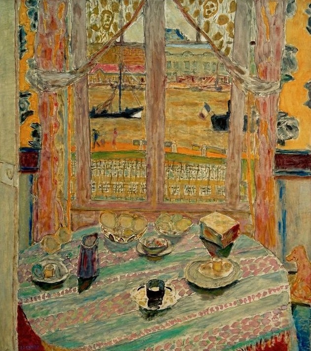 Pierre Bonnard, Coin de Table (Architektur,Essgeschirr,Essen Und Trinken,Fenster,Kunst,Tafelsitten,Tisch,Frühstück,Interieur,Blick Aus Dem Fenster,Französische Kunst,Nabis,Gedeckter Tisch,Trinkgeschirr,Ausblick)