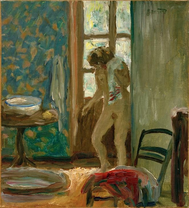 Pierre Bonnard, La Toilette. Nu à la serviette (Körperpflege,Bad,Fenster,Frau,Kunst,Toilette (Körperpflege),Impressionismus,Akt,Interieur,Französische Kunst,Handtuch,Stuhl,Frauenleben,Nabis,Abtrocknen,Waschschüssel)