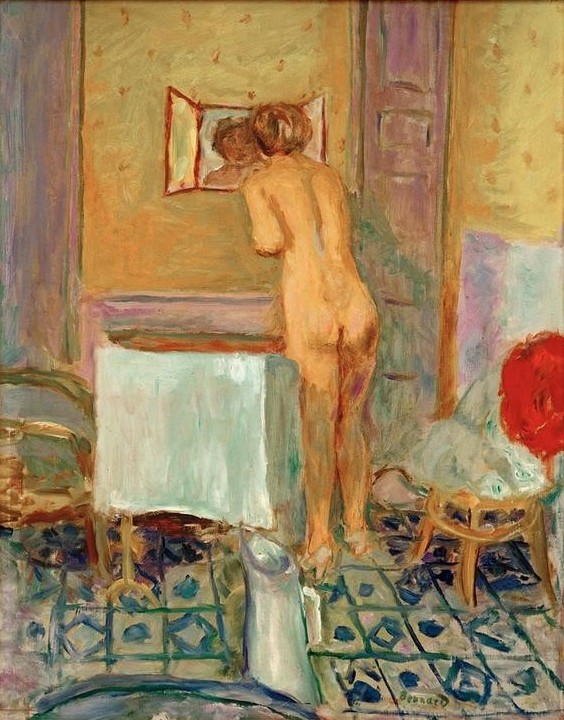 Pierre Bonnard, Nu à l’étoffe rouge ou Nu à la toilette (Körperpflege,Bad,Frau,Kunst,Spiegel,Toilette (Körperpflege),Impressionismus,Akt,Waschgeschirr,Rückenakt,Rückenfigur,Französische Kunst,Spiegelbild,Handtuch,Nabis,Waschschüssel,Wandspiegel,Badetuch,Rot,Ganzfigurig,Wasserkanne,Fliese,Hocker (Sitzmöbel))