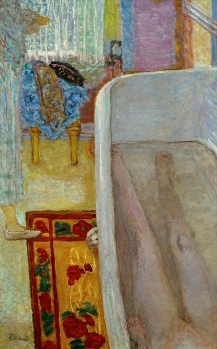 Pierre Bonnard, Nu dans la baignoire (Körperpflege,Bad,Frau,Kunst,Wannenbad,Akt,Interieur,Französische Kunst,Badezimmer,Frauenleben,Nabis,Geblümt,Halbfigur,Badematte,Postimpressionismus,Badewanne)