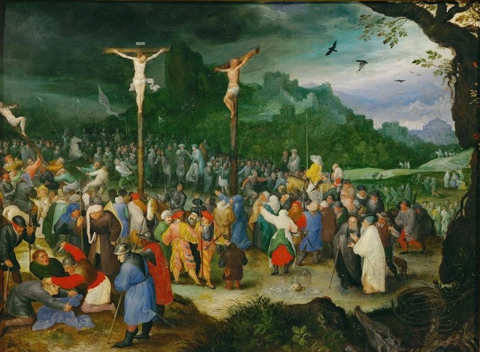 Jan Brueghel der Ältere, Die Kreuzigung Christi (Christentum,Kreuz,Kult,Landsknecht,Religion,Soldat,Spiel,Renaissance,Neues Testament,Bibel,Heer,Kreuzigung,Niederländische Kunst,Würfel,Passion Christi,Schacher,Krieger,Schächer,Söldner)