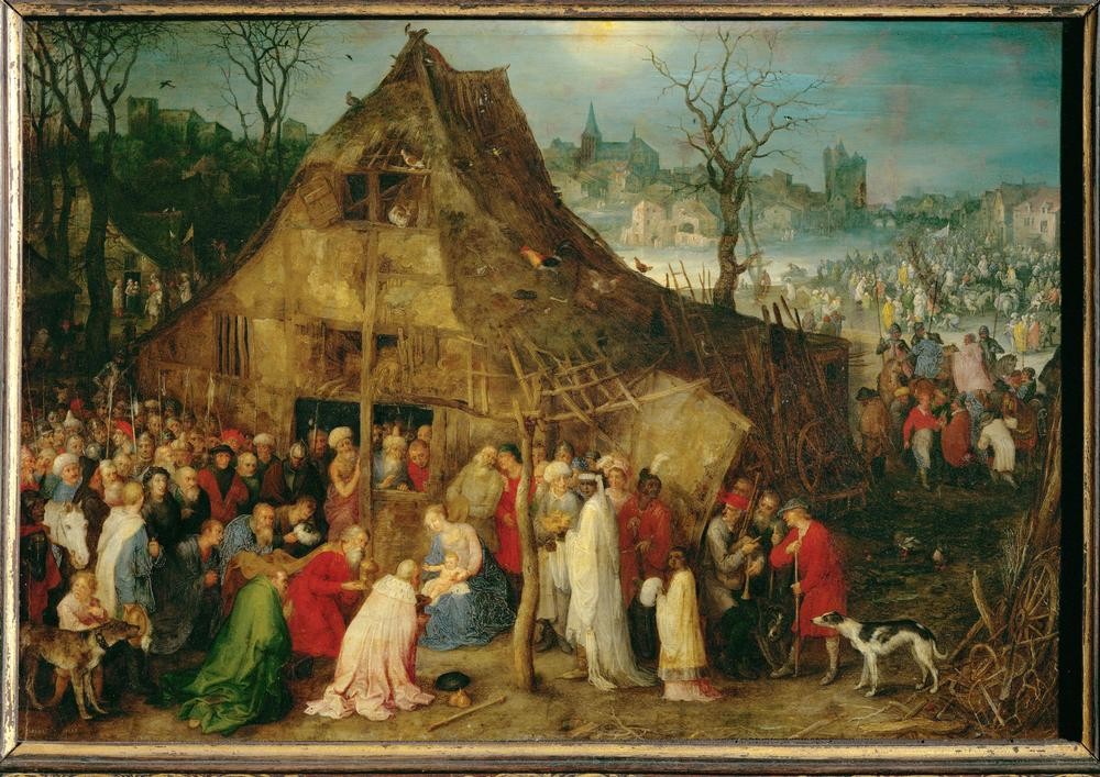 Jan Brueghel der Ältere, Die Anbetung der Könige (Arm Und Reich,Christentum,Krippe,Kult,Religion,Hirte,Renaissance,Hund,Maria Mit Kind,Neues Testament,Bibel,Jungfrau,Anbetung Der Könige,Manierismus,Heilige Drei Könige (Neues Testament),Niederländische Kunst,Anbetung (Allgemein),Tier,Baufälligkeit,Kindhei)