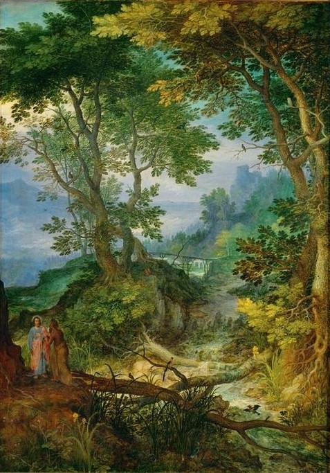 Jan Brueghel der Ältere, Gebirgslandschaft mit der Versuchung Christi (Christentum,Gebirge,Landschaft,Religion,Wald,Laubwald,Renaissance,Fluss,Neues Testament,Bibel,Baum,Manierismus,Christi Versuchung,Leben Jesu)