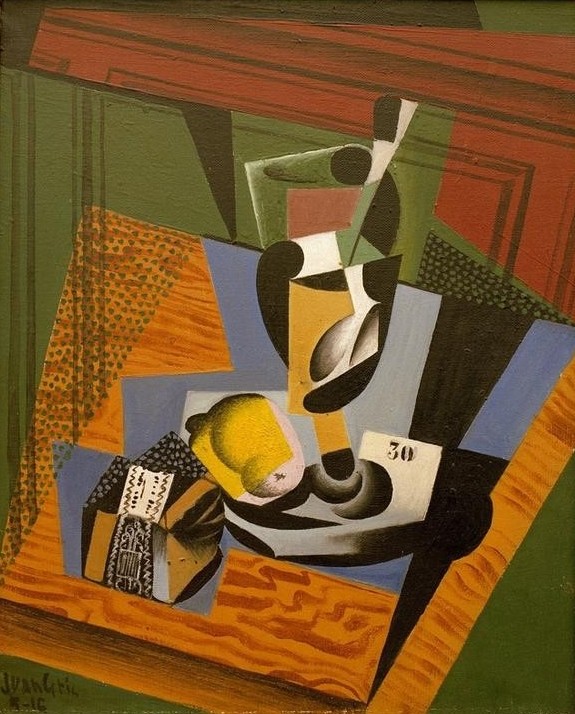 Juan Gris, Le Paquet de Tabac (Stillleben, Tabak, Zitrone, Tisch, Wunschgröße, Kubismus, Klassische Moderne, Malerei, Wohnzimmer, bunt)