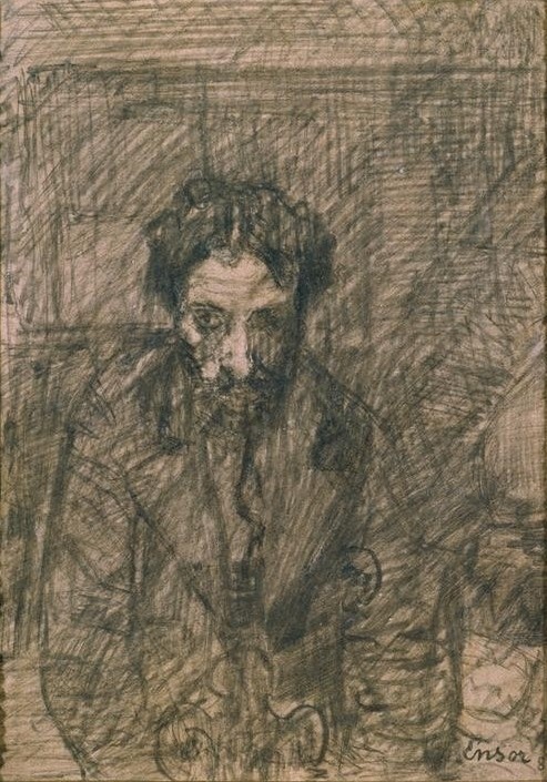 James Ensor, Autoportrait (Künstler,Kunst,Maler (Künstler),Mann,Symbolismus,Portrait,Resignation,Belgische Kunst,Privatsammlung,Halbfigur,Person,Negative Stimmungen Und Gefühle,Niedergeschlagenheit)