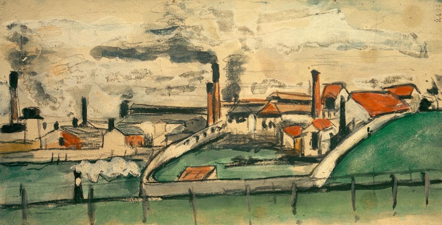 Paul Cézanne, Fabrik in L’Estaque (Architektur,Industrie,Kunst,Schornstein,Luftverschmutzung,Fabrik,Industrialisierung,Architekturdarstellung,Französische Kunst,Umweltverschmutzung,Emission,Industrielandschaft)