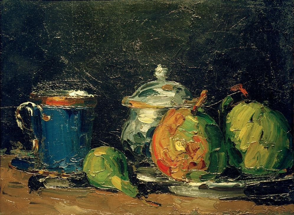 Paul Cézanne, Zuckerdose, Birnen und blaue Tasse (Früchte,Kunst,Obst,Impressionismus,Stillleben,Französische Kunst,Birne,Gefäss,Zuckerdose,Blau,Trinkgeschirr,Tasse,Geschirr (Haushalt))